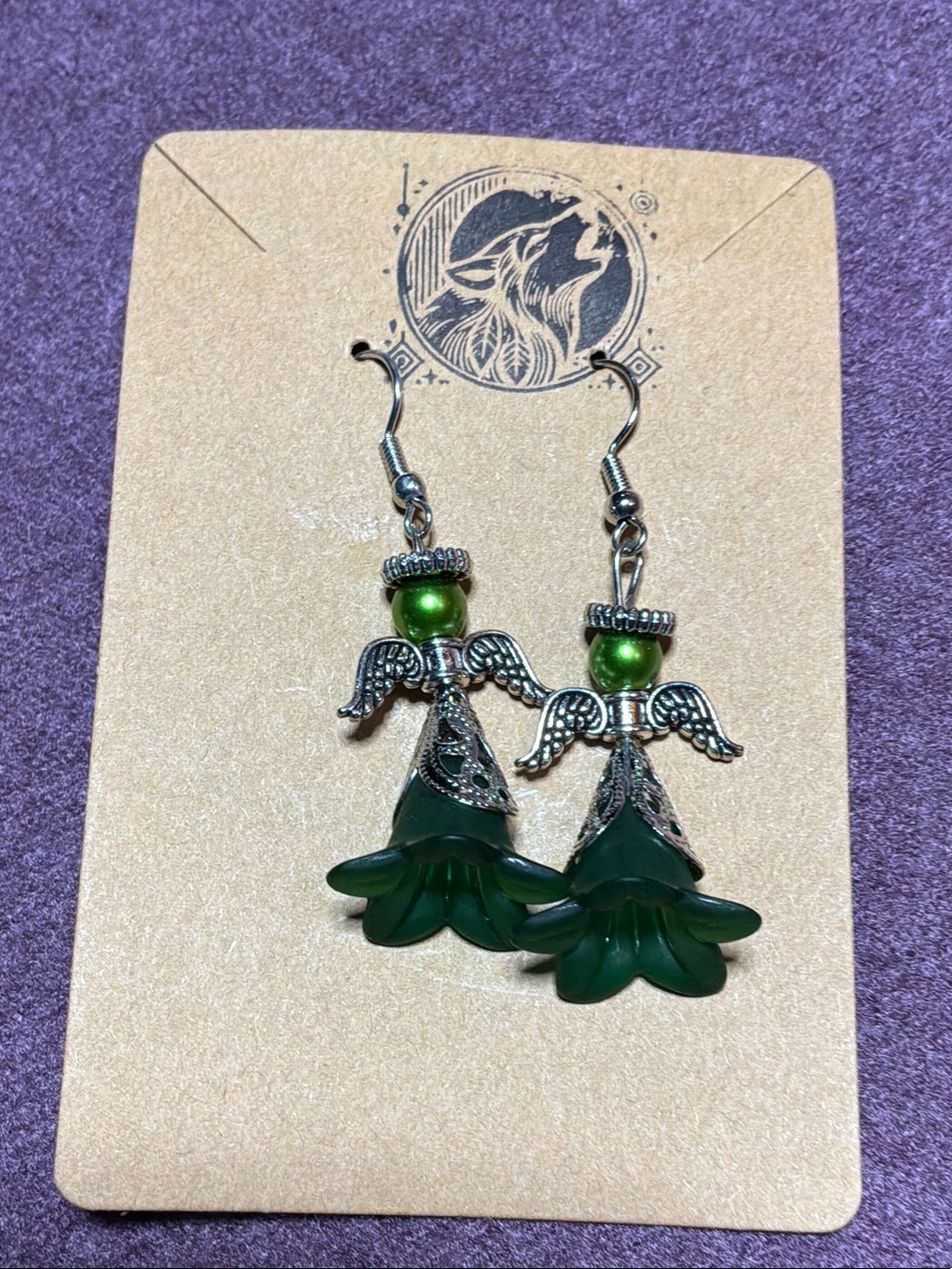 Green Angel Flower Drop Earrings with Silver Wings